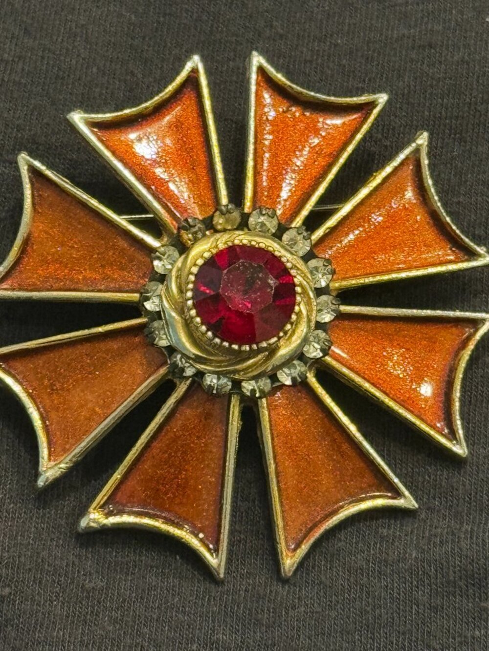 Vintage 1962 Orange Enamel Flower Brooch Red Rhinestone Mid Century Pin